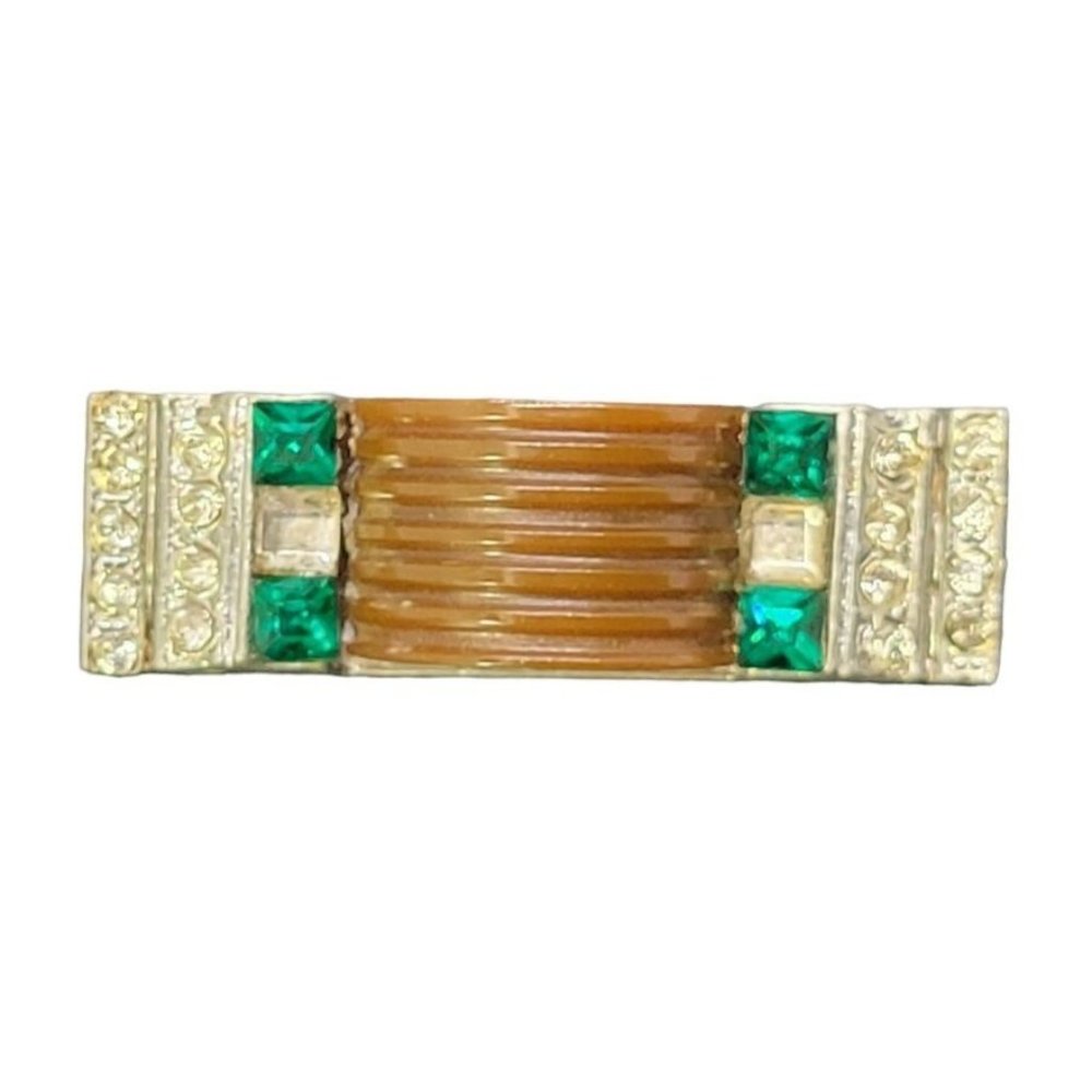 VTG Glam Statement Art Deco Bakelite Emerald Rhinestone Brooch Pin - Picture 2 of 4